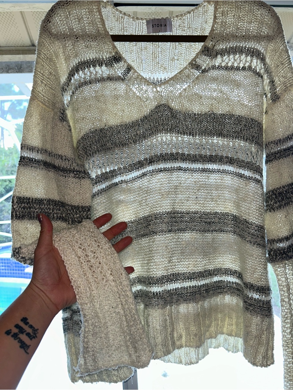 Storia Cream and Gray Striped V-Neck Sweater